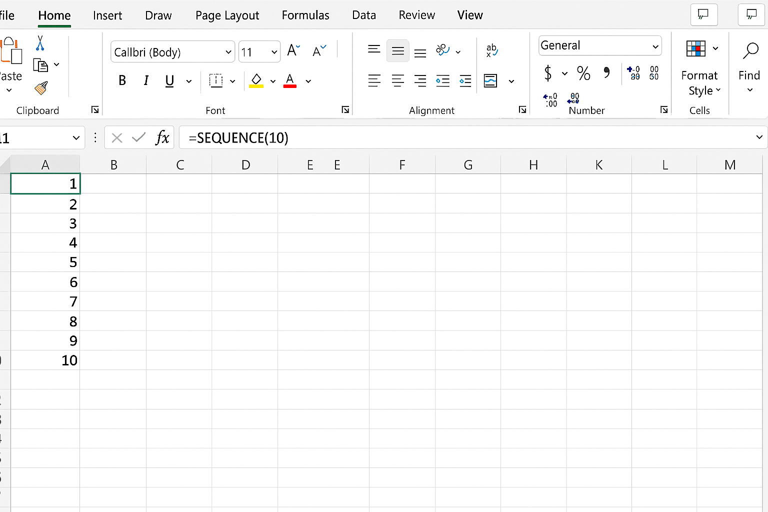 Excel worksheet displaying a vertical sequence of numbers from 1 to 10