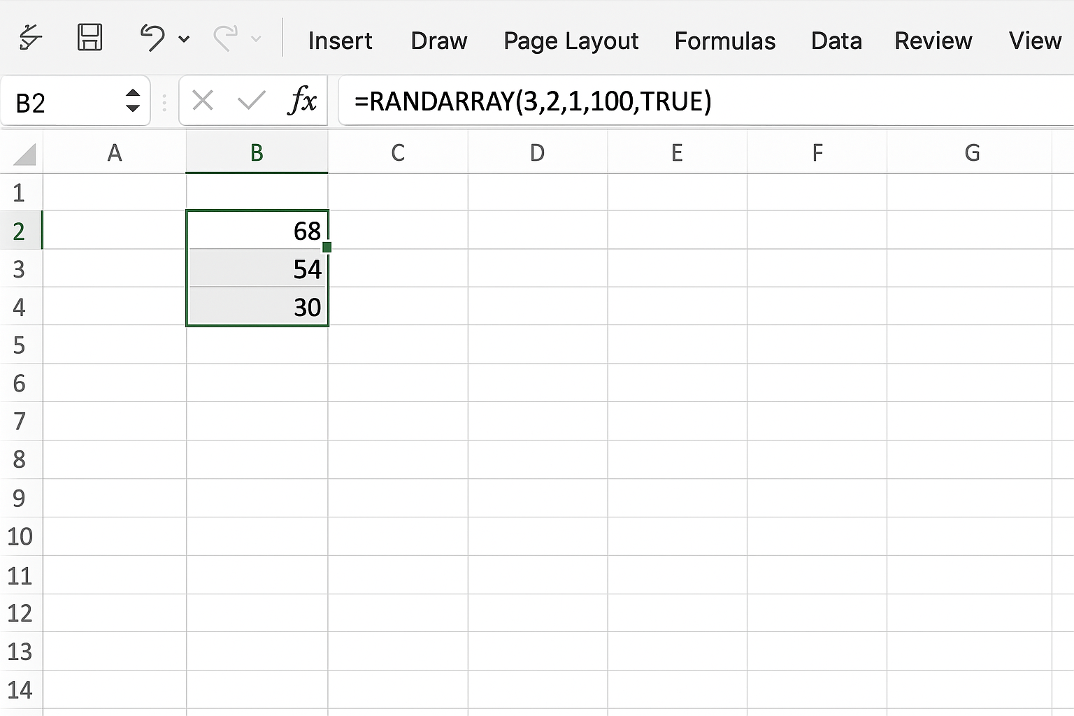 Excel worksheet showing a 3 by 2 array of random whole numbers generated by RANDARRAY
