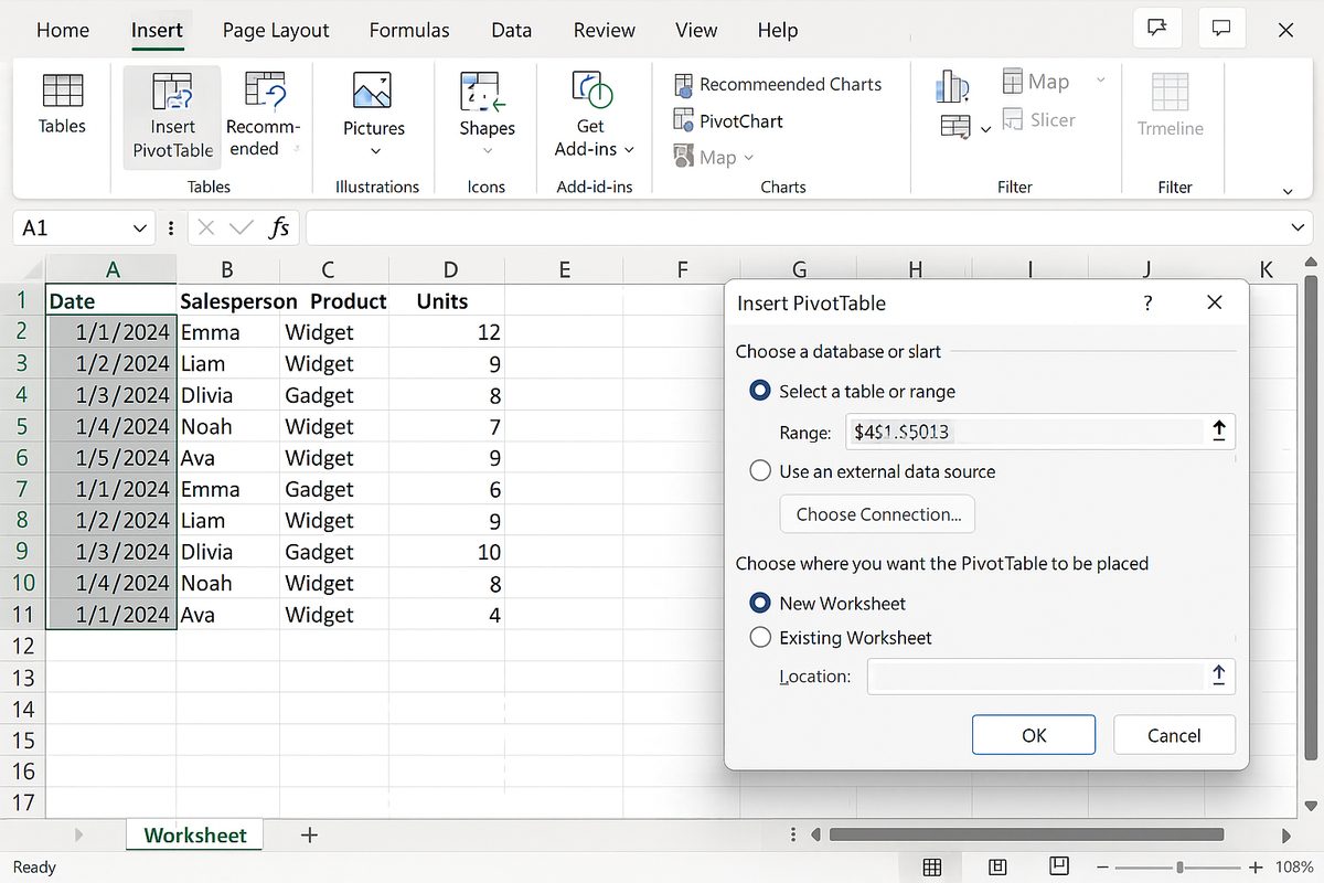 Excel worksheet with dataset selected and Insert Pivot Table dialog open