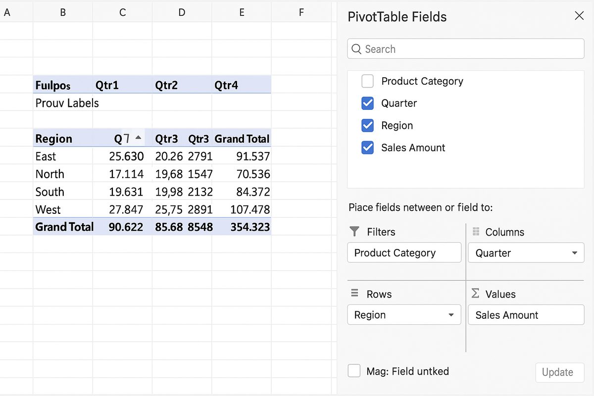 Pivot Table Fields pane with Region in Rows, Quarter in Columns, Product Category in Filters, and Sales Amount in Values