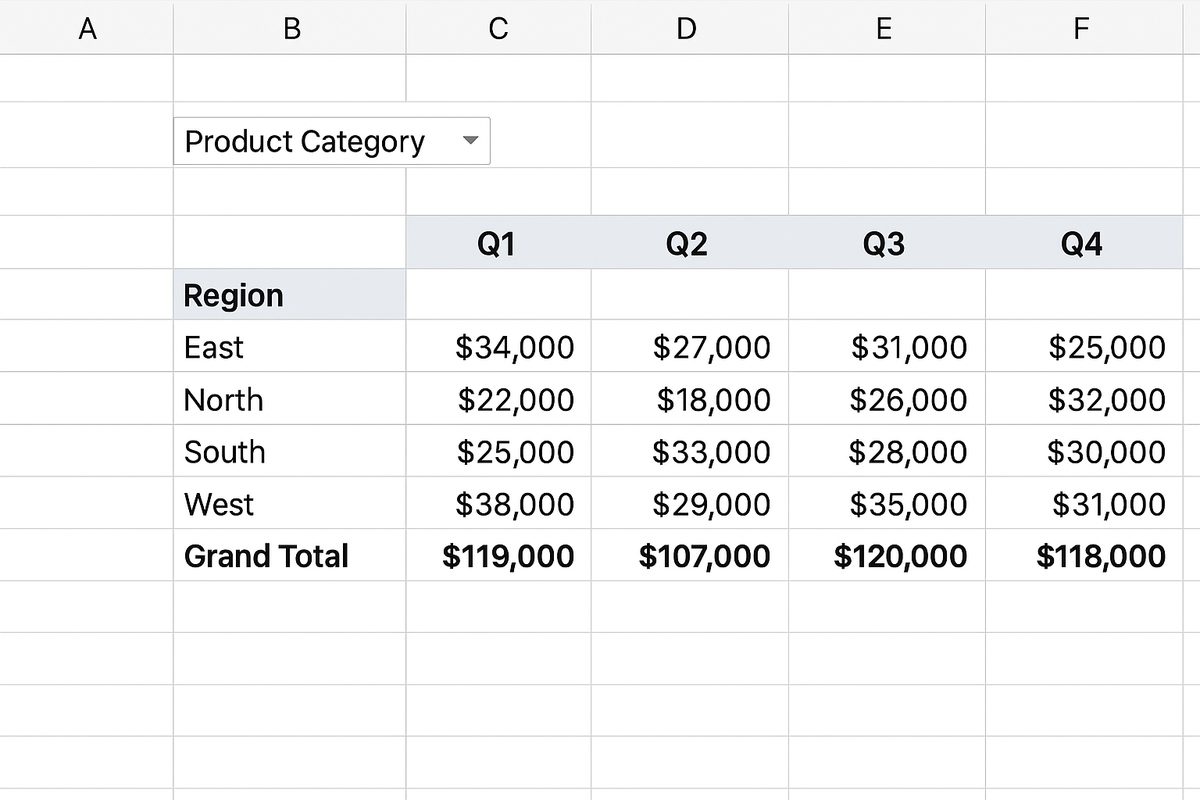 Pivot table displaying total sales by region in rows and quarters in columns with a product category filter dropdown above
