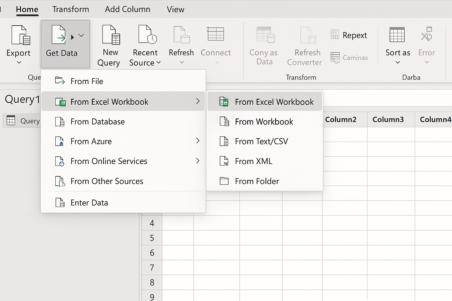 Power Query interface showing the Home tab with Get Data menu expanded and From Excel Workbook selected