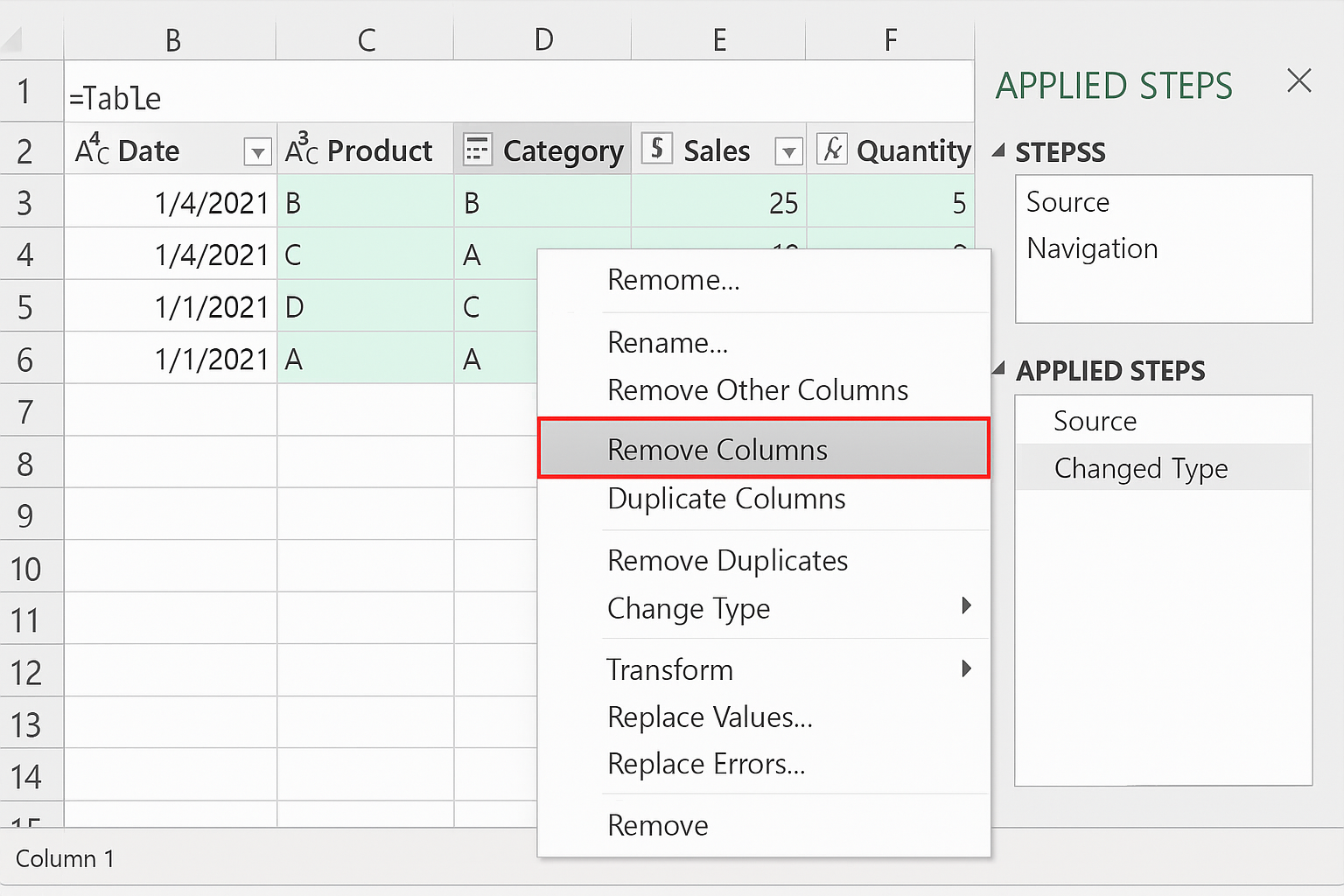 Power Query data preview with multiple columns selected and context menu open showing Remove Columns option