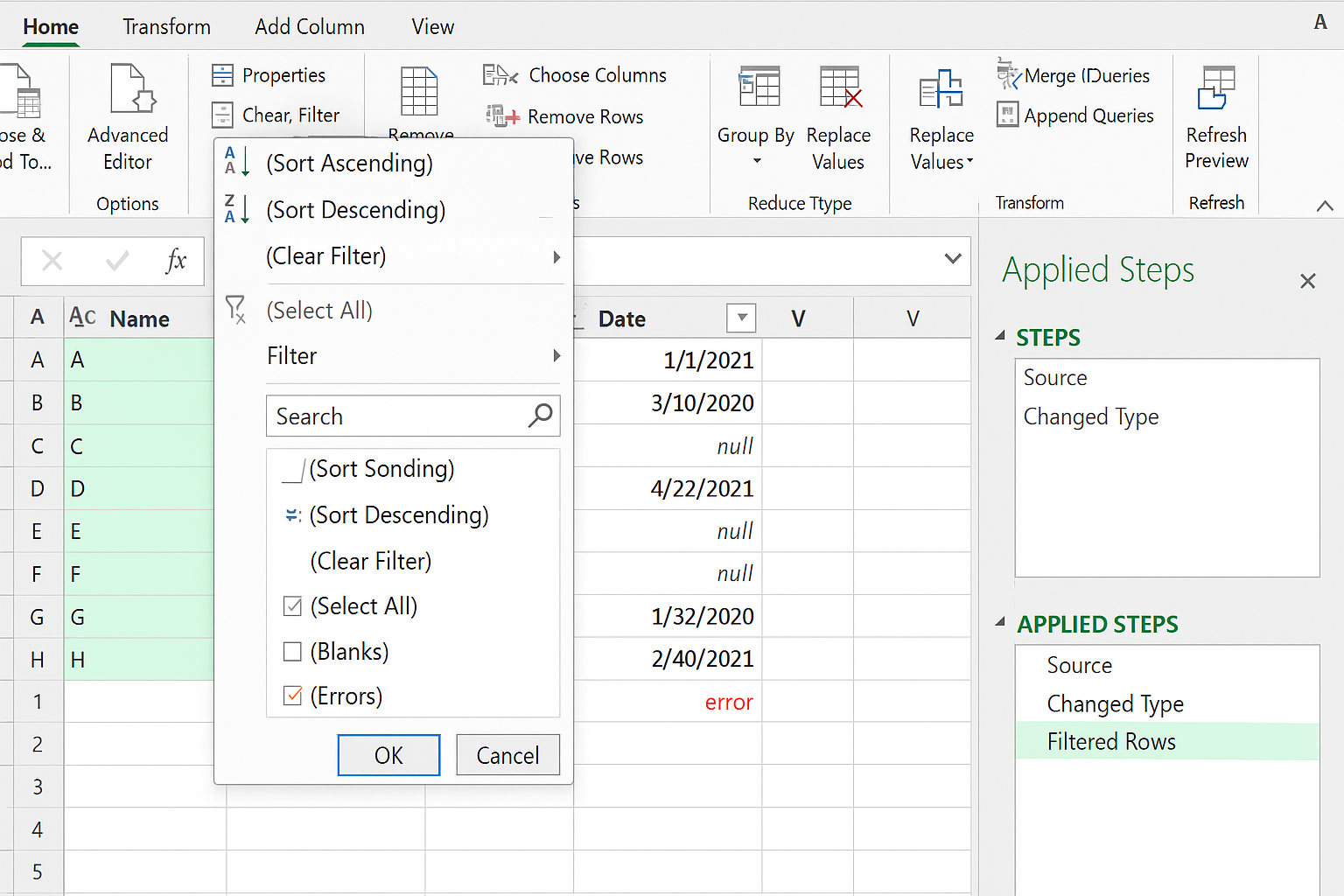 Power Query data preview showing a column filter dropdown menu with options to filter out blanks and errors