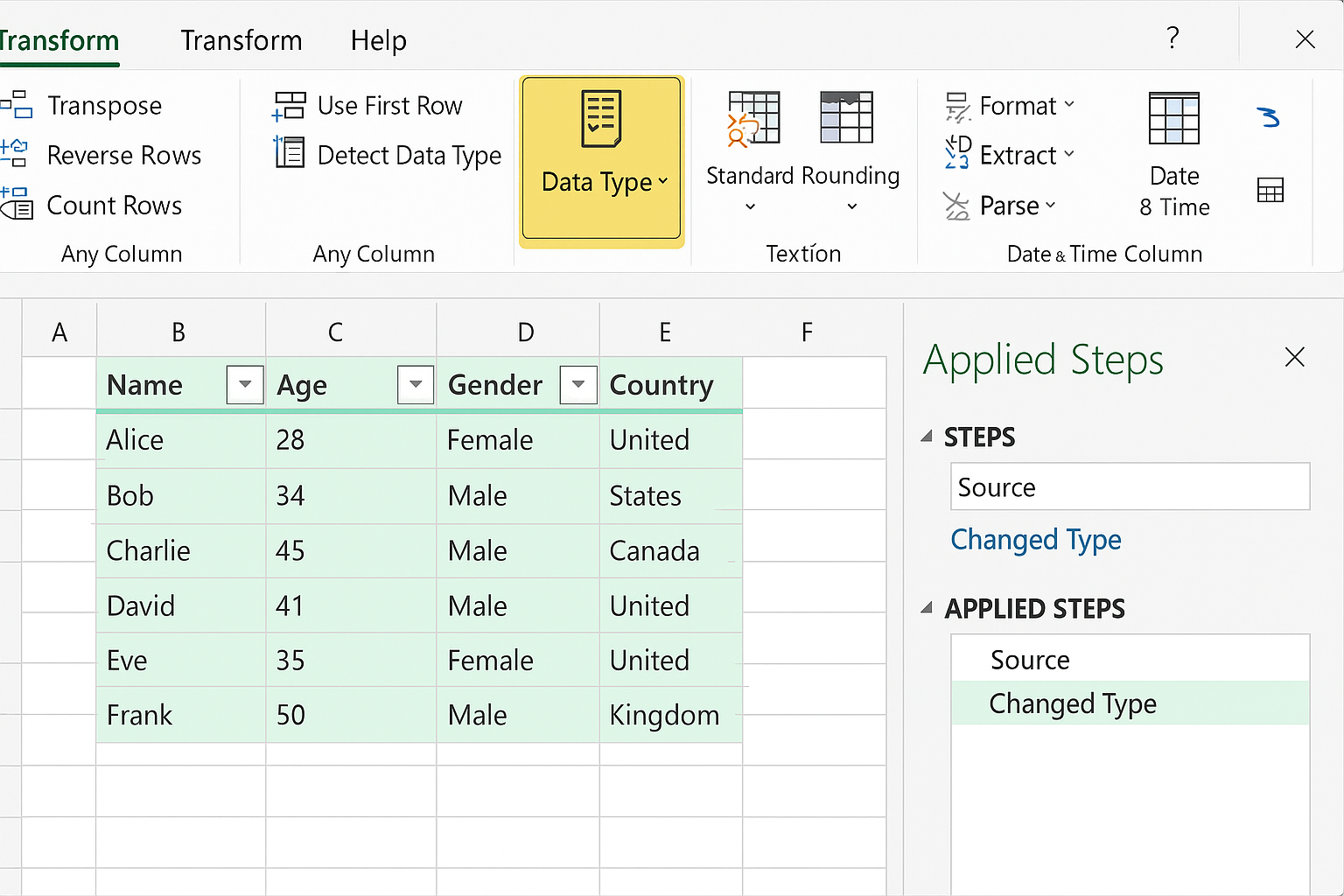 Power Query Transform tab with Data Type button active and columns selected in data preview