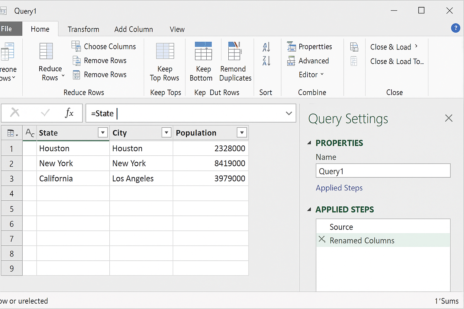 Power Query data preview with a column header in edit mode for renaming