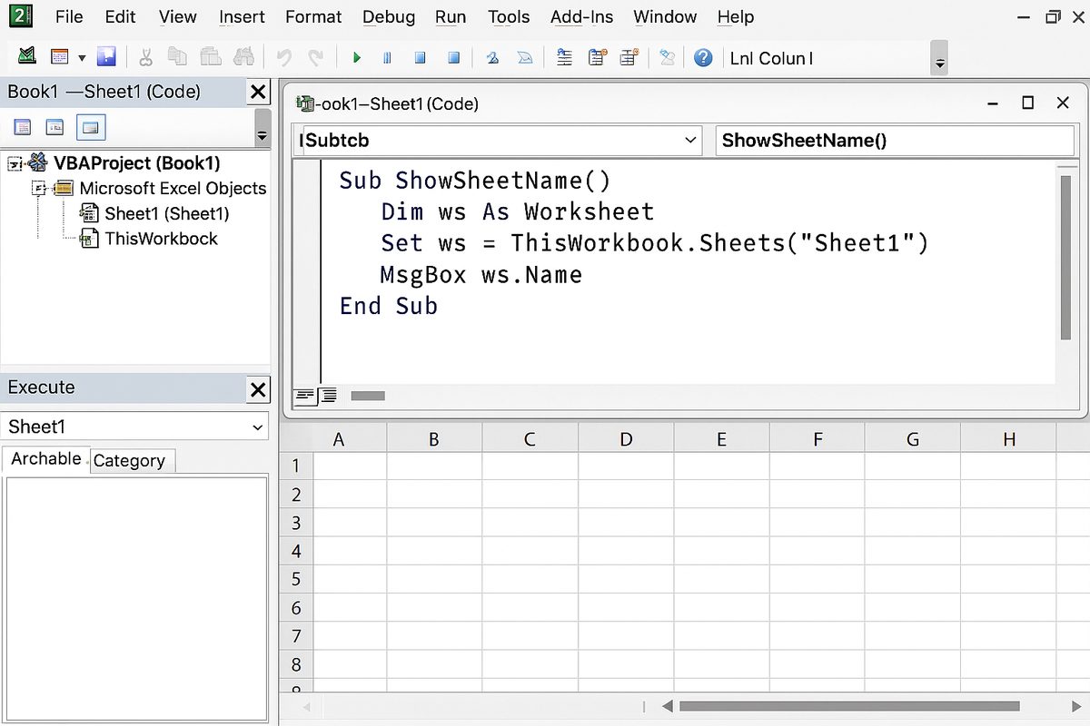 Excel VBA editor showing object variable declaration and assignment