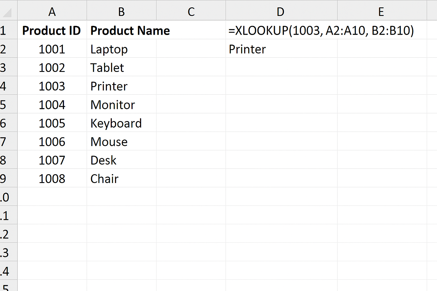 Excel worksheet showing XLOOKUP formula to find product name for product ID 1003