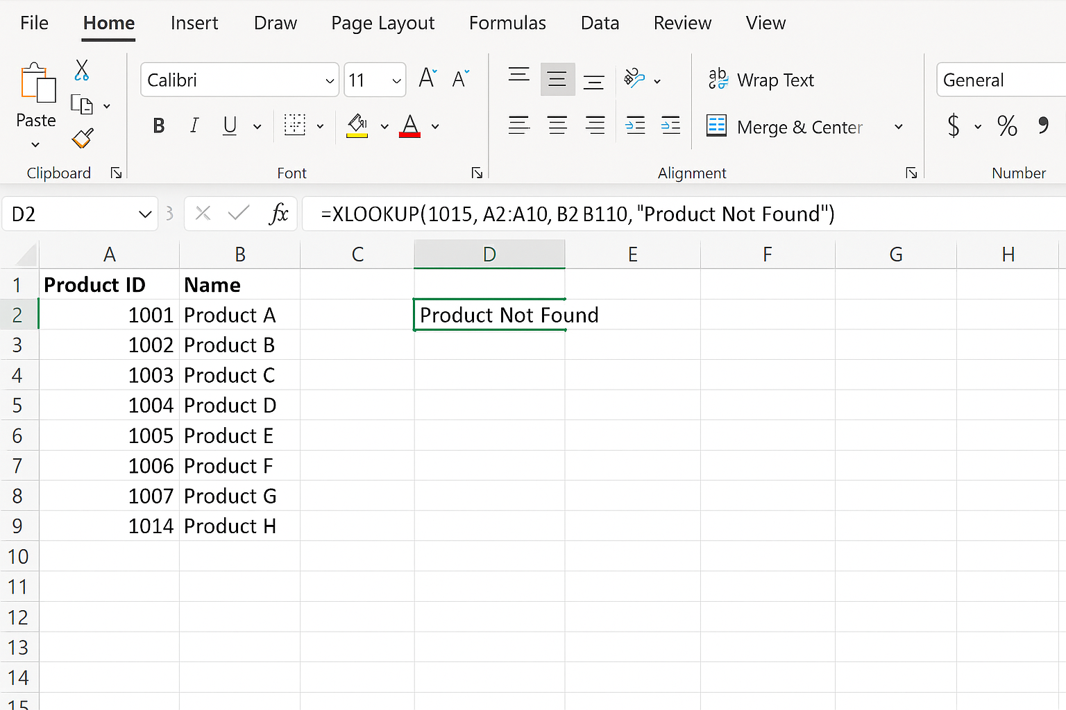 Excel worksheet showing XLOOKUP formula with if_not_found parameter returning a friendly message