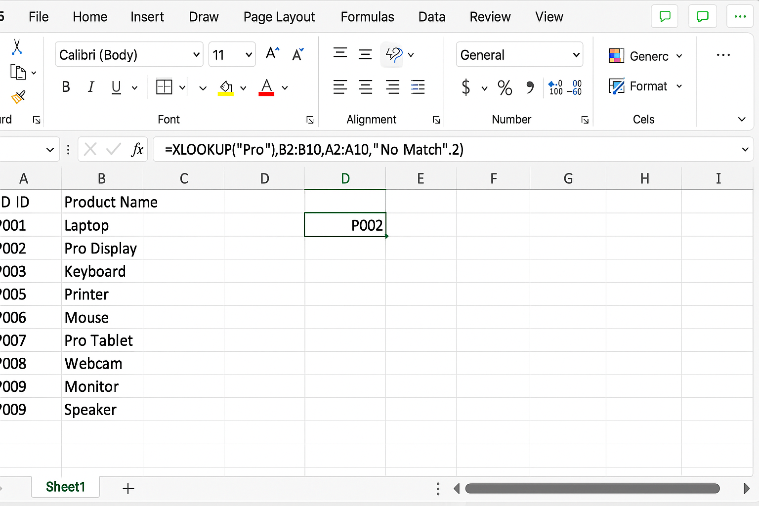 Excel worksheet showing XLOOKUP formula using wildcard to find product names starting with 'Pro'