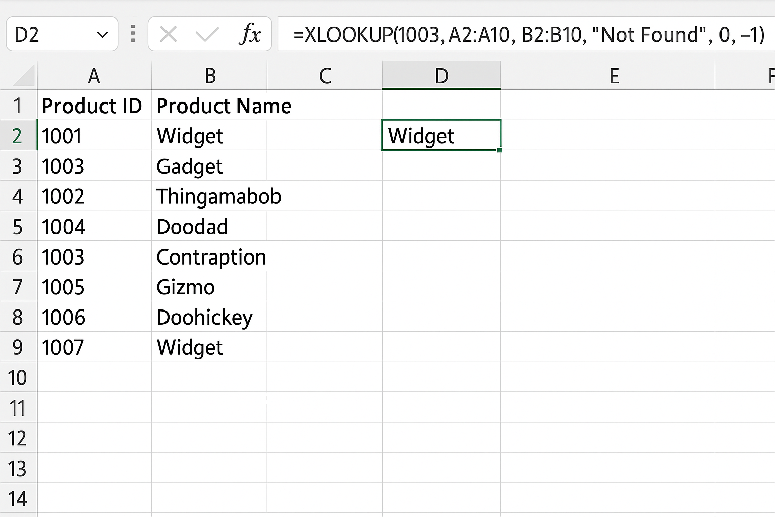 Excel worksheet showing XLOOKUP formula performing a reverse search for last occurrence of product ID 1003