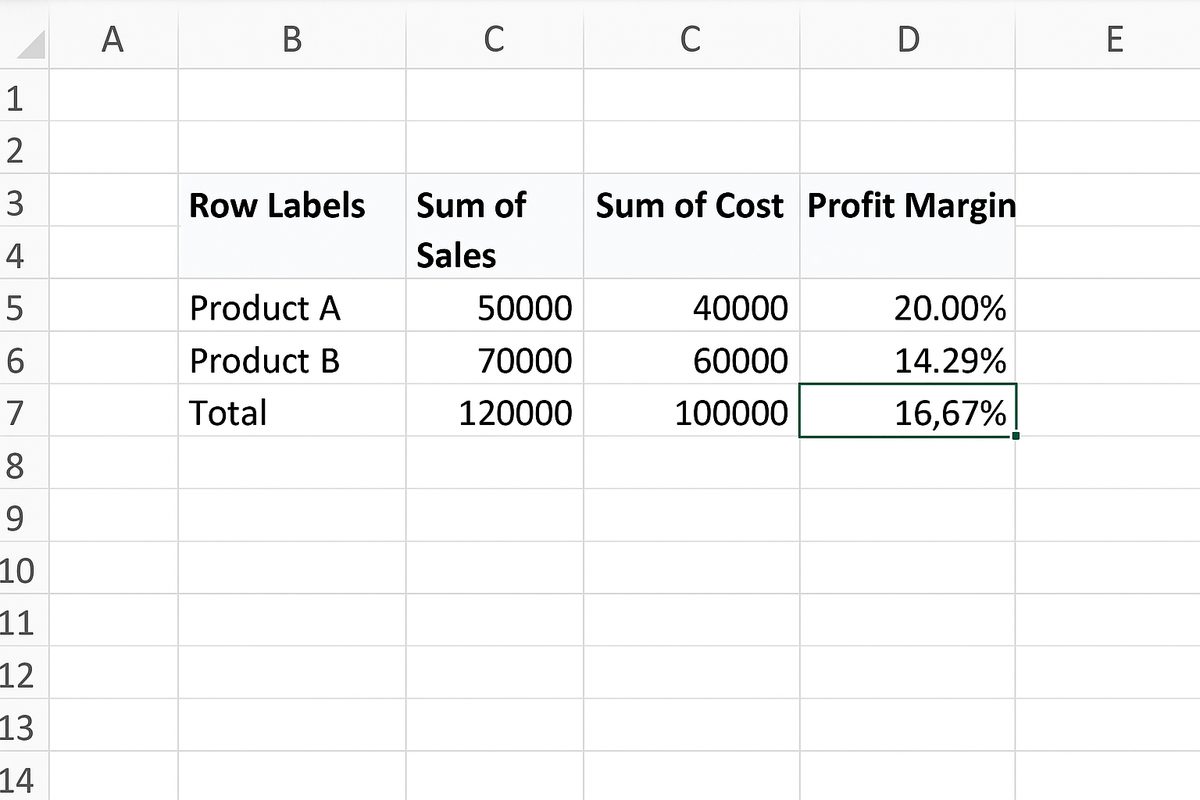 Pivot table showing a calculated field formatted as percentage
