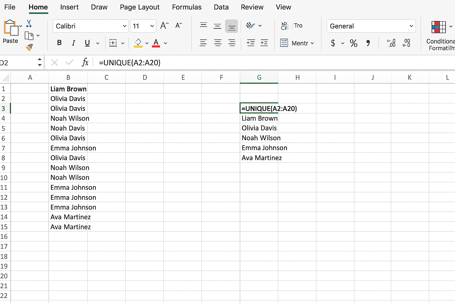 Excel worksheet showing UNIQUE formula extracting unique sales representatives' names