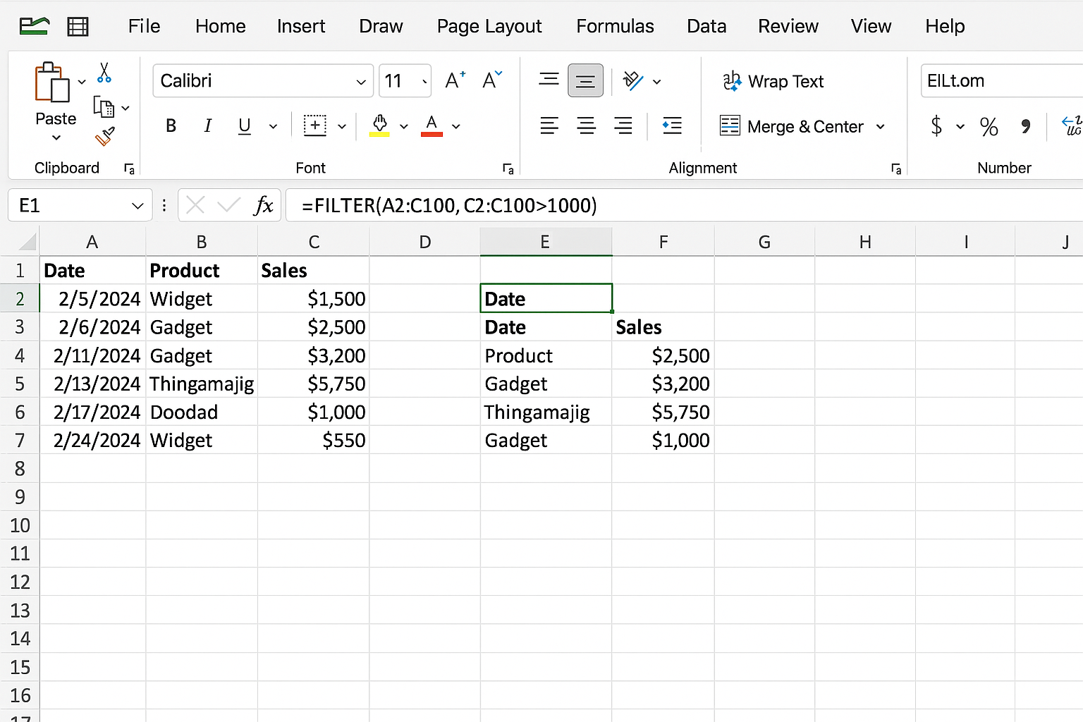 Excel worksheet showing FILTER formula extracting sales transactions over $1000