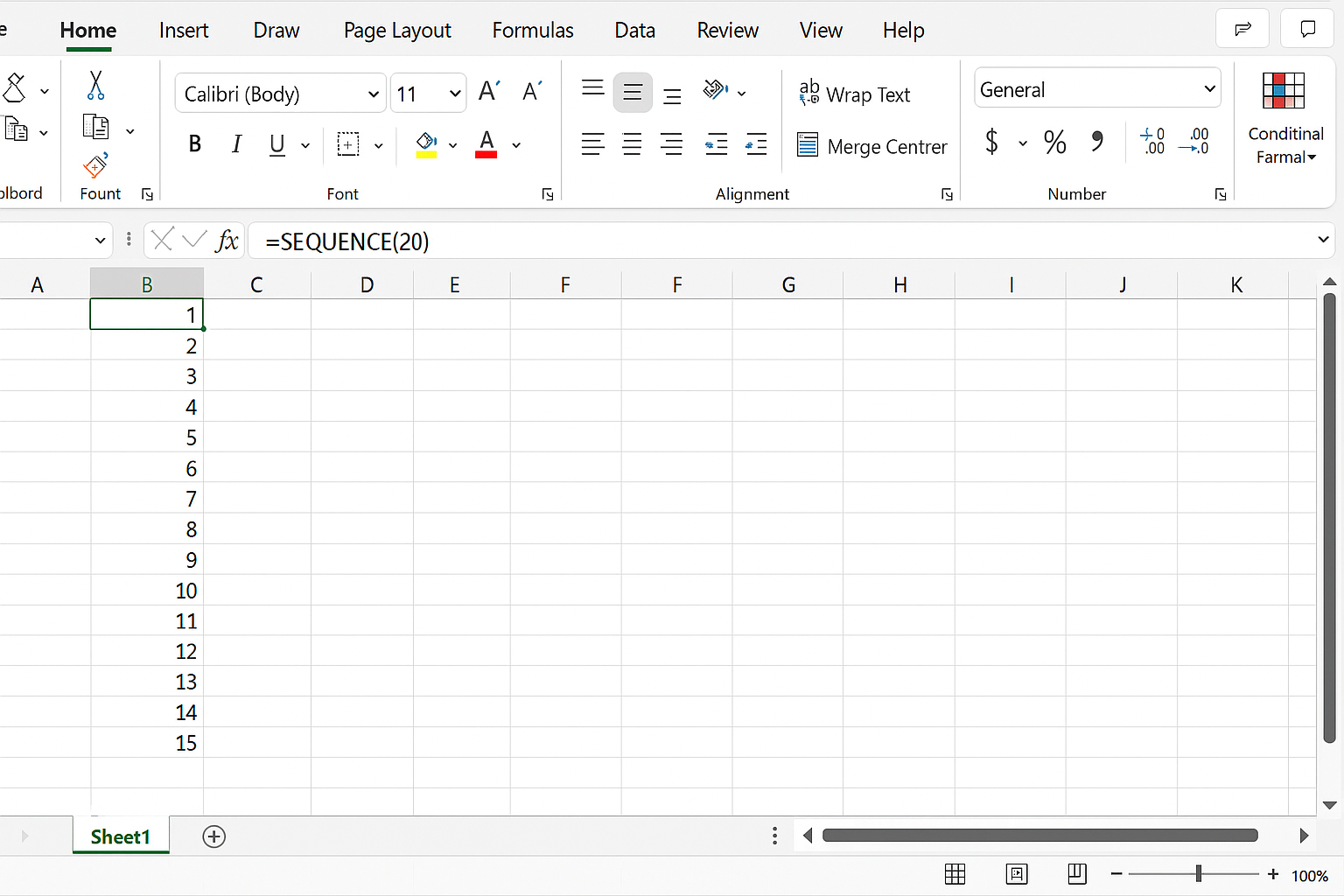 Excel worksheet showing SEQUENCE formula generating numbers 1 to 20