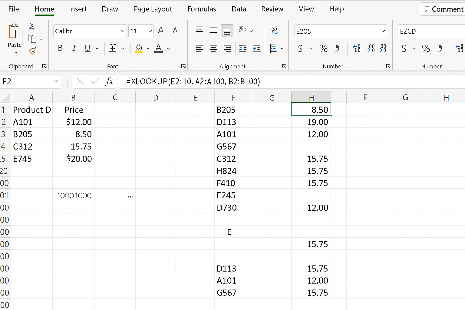 Excel worksheet showing XLOOKUP formula returning multiple product prices