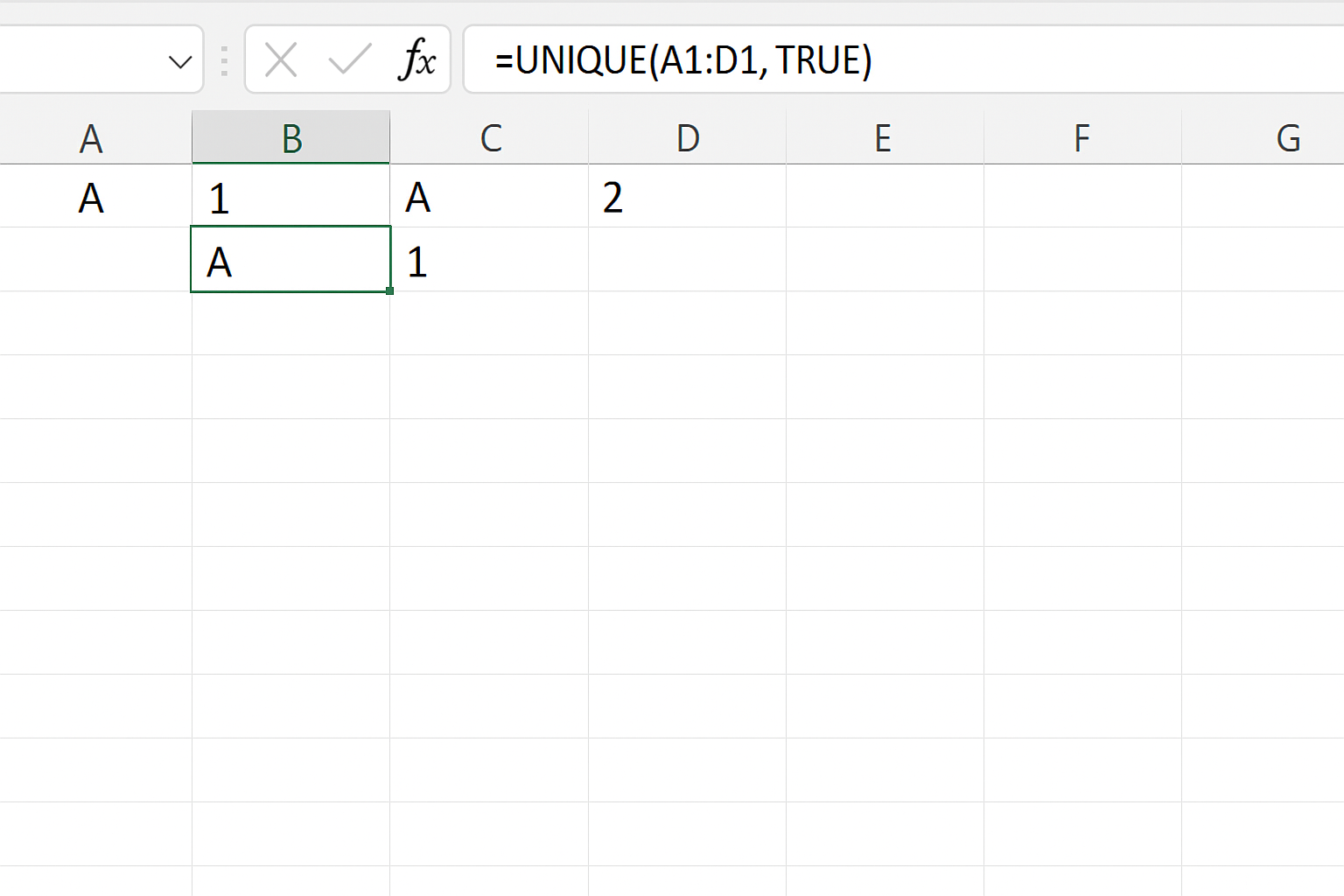 Excel worksheet showing UNIQUE function extracting unique values by column from range A1:D1