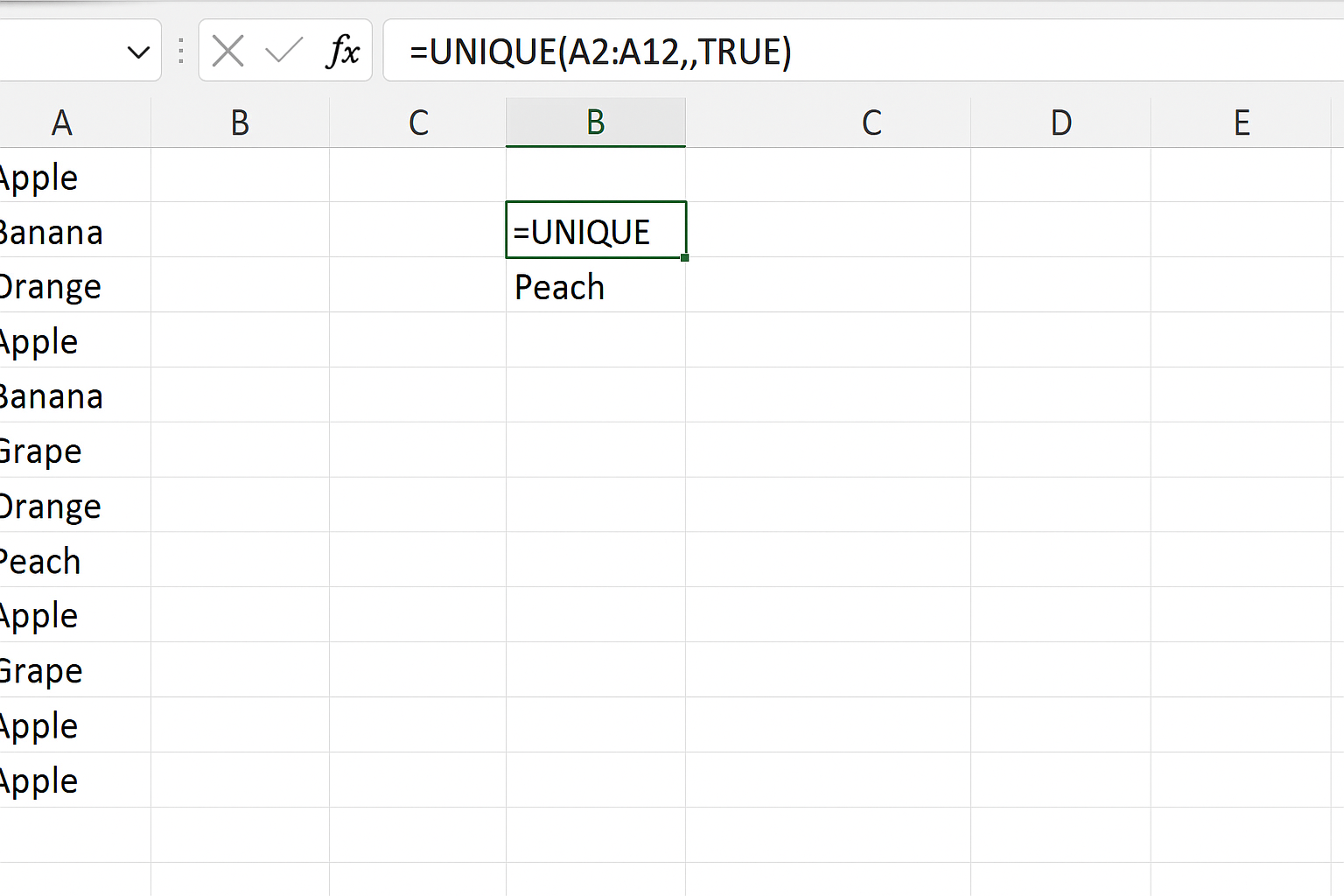 Excel worksheet showing UNIQUE function extracting values that appear exactly once from a list
