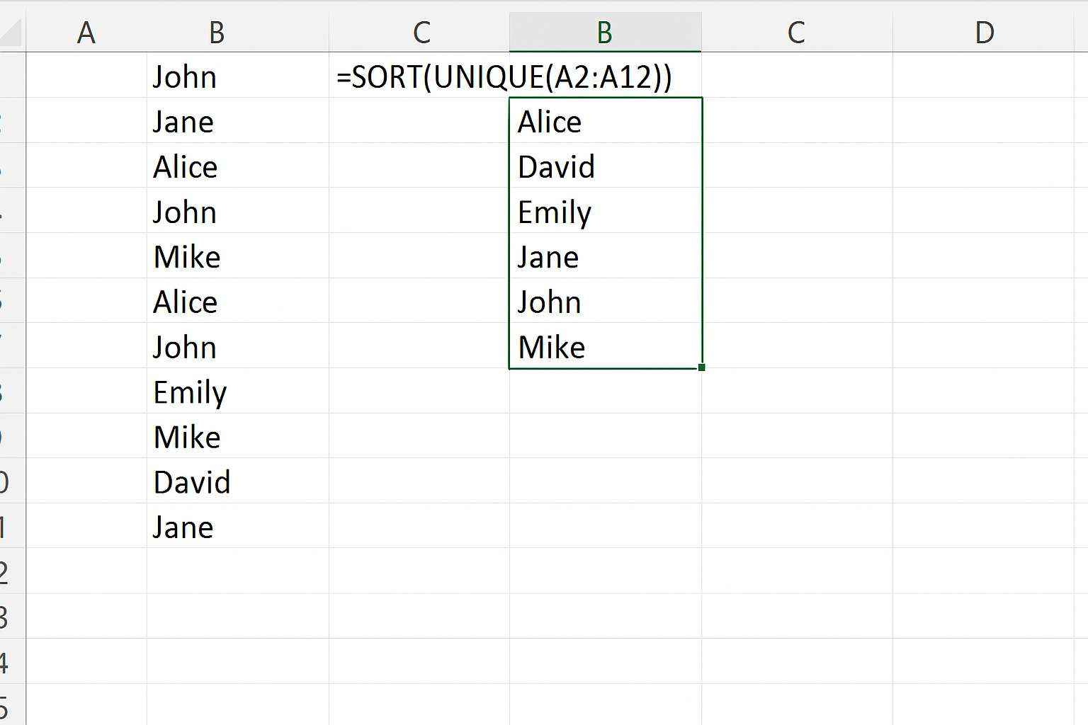 Excel worksheet showing combined SORT and UNIQUE functions returning sorted distinct values