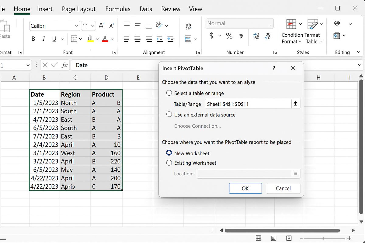 Excel worksheet showing the Insert PivotTable dialog with data range selected and new worksheet option chosen