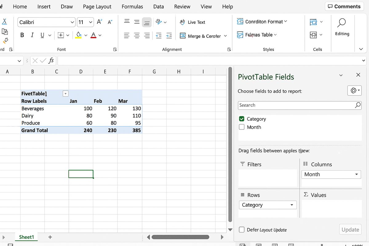 PivotTable Fields pane with Category in Rows and Month in Columns, pivot table layout visible