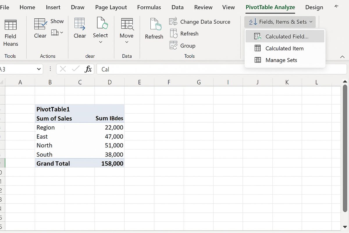 PivotTable Analyze ribbon tab open with Fields, Items & Sets menu expanded showing Calculated Field option