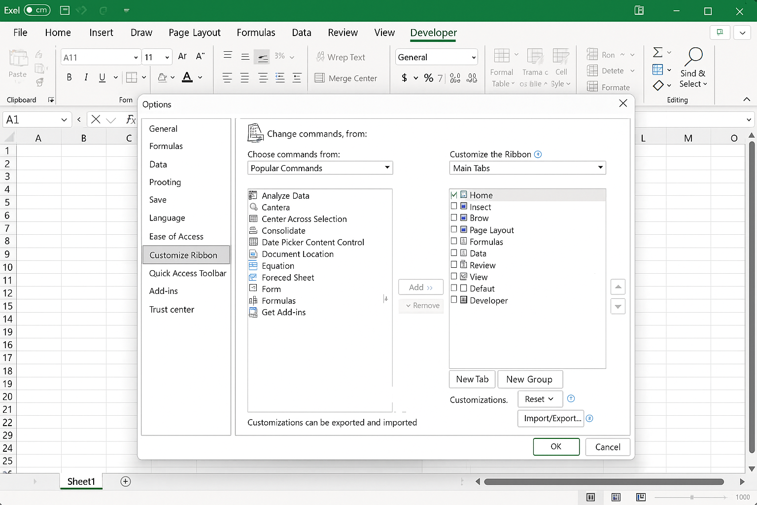 Excel Options dialog open to Customize Ribbon with Developer tab checked