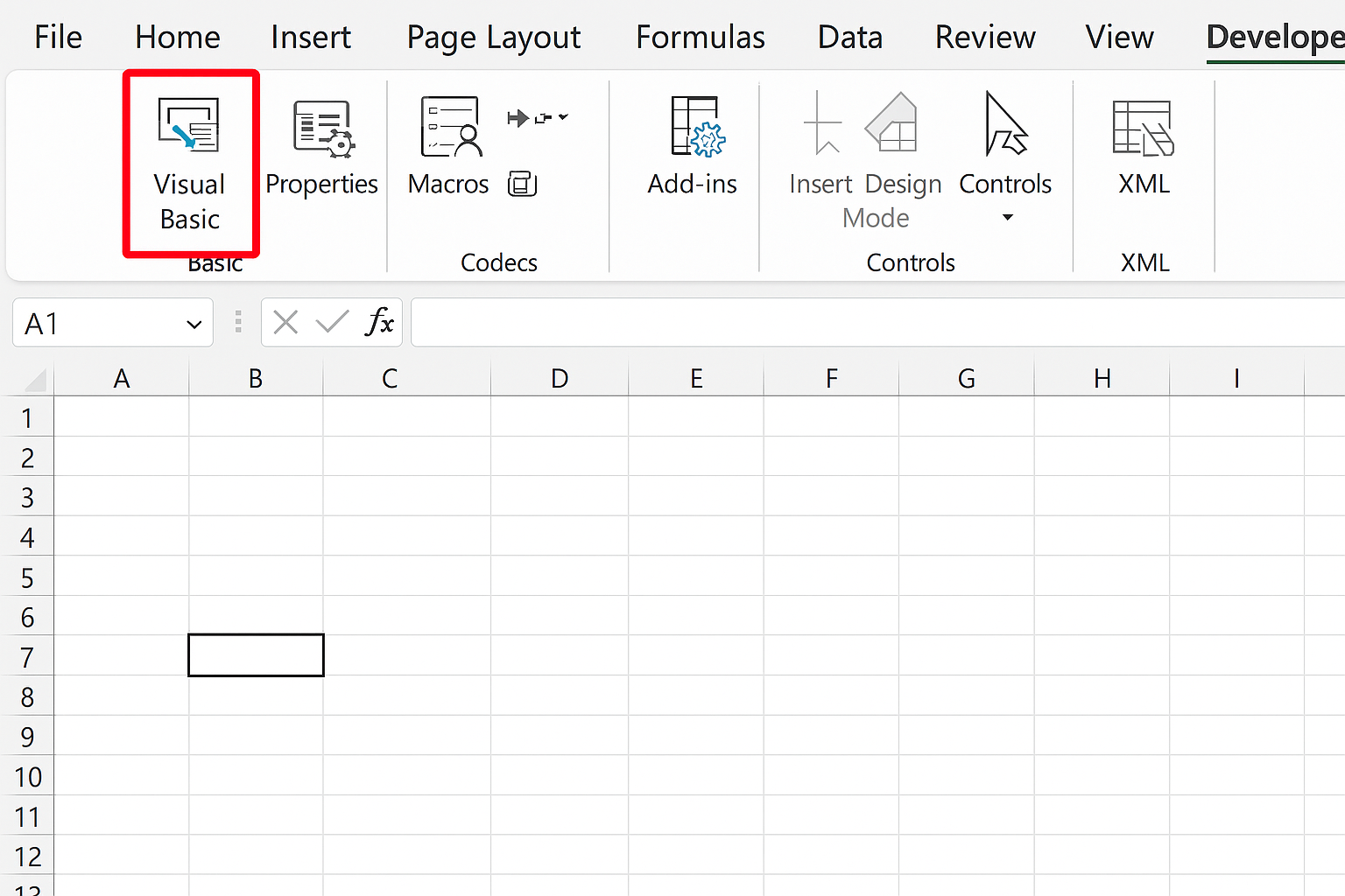 Excel Developer tab selected with Visual Basic button highlighted
