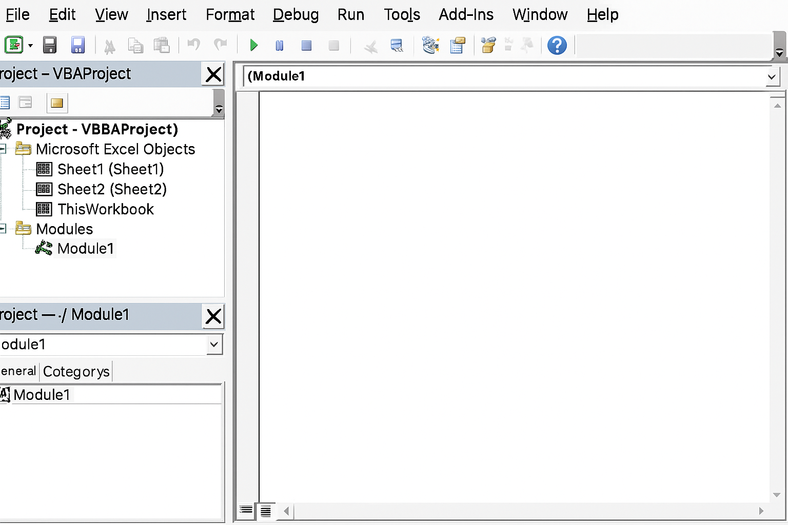 Visual Basic Editor open with a new module ready for code input