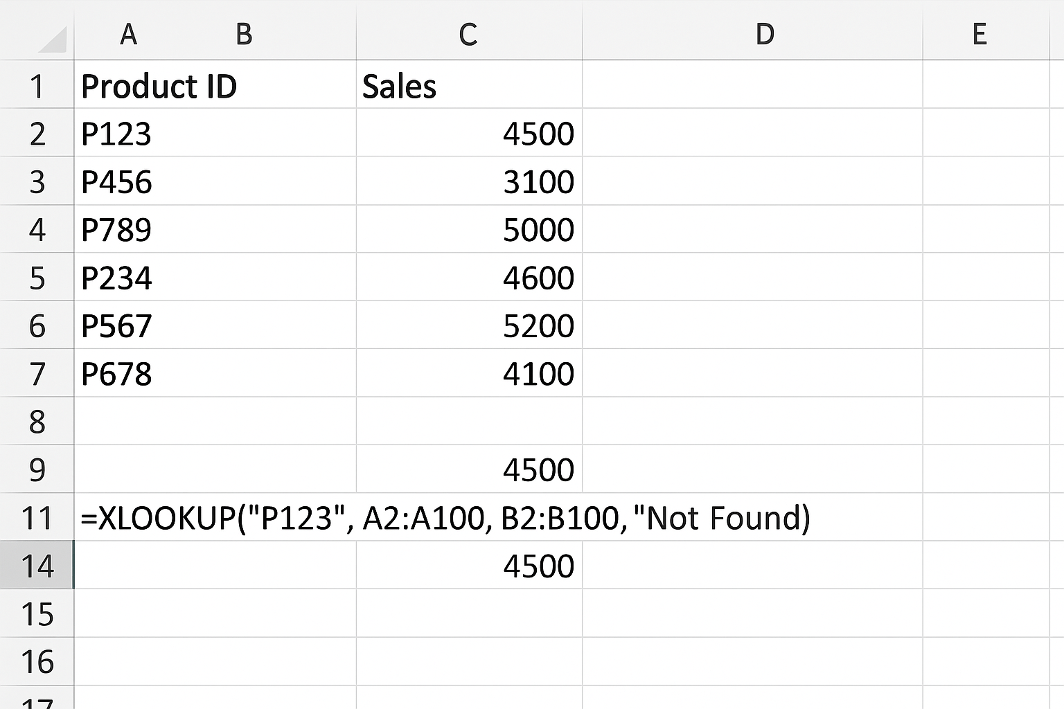 Excel formula using XLOOKUP to find sales figure for product ID P123