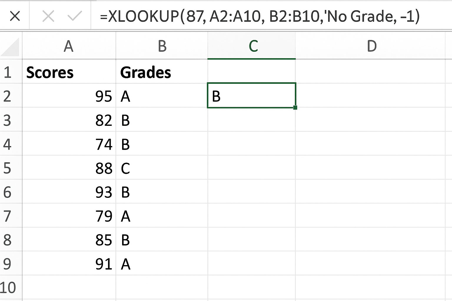 XLOOKUP formula using approximate match to find grade for score 87
