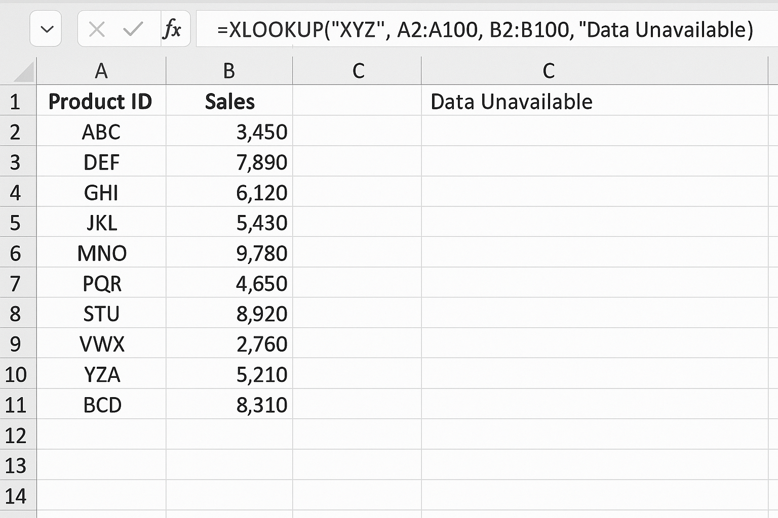 XLOOKUP formula returning custom message when lookup value is not found