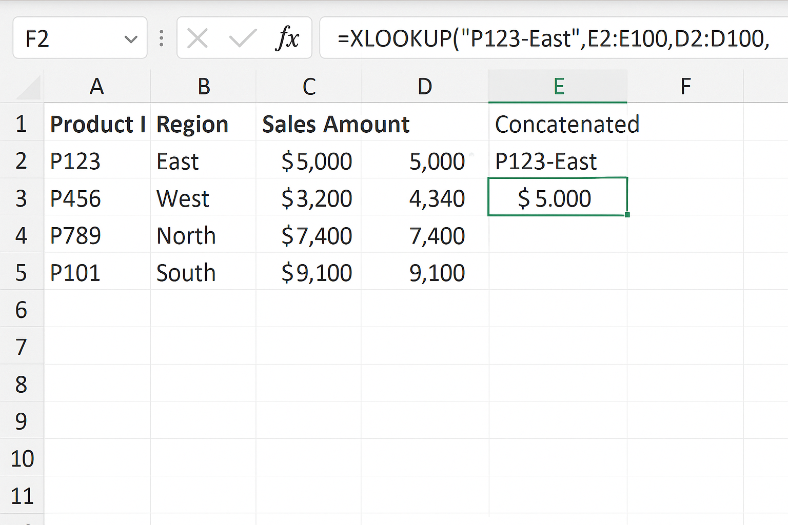 XLOOKUP formula using combined criteria to find sales amount for product P123 in East region
