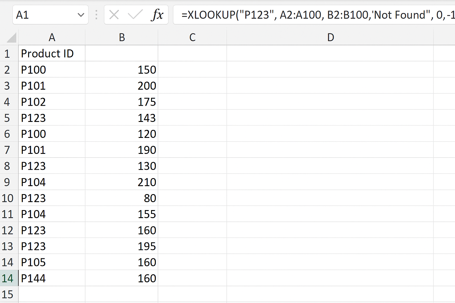 XLOOKUP formula performing reverse lookup to find last occurrence of product ID P123