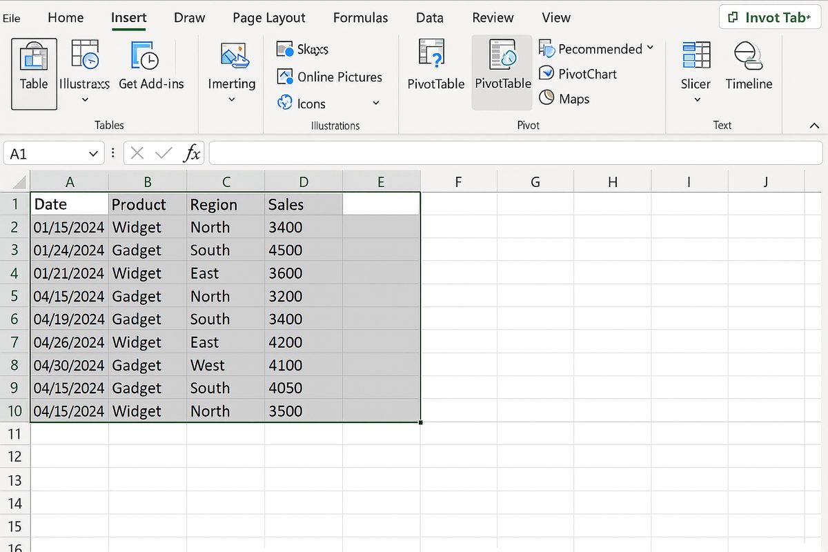 Excel worksheet with data range selected and Insert tab open showing PivotTable button highlighted