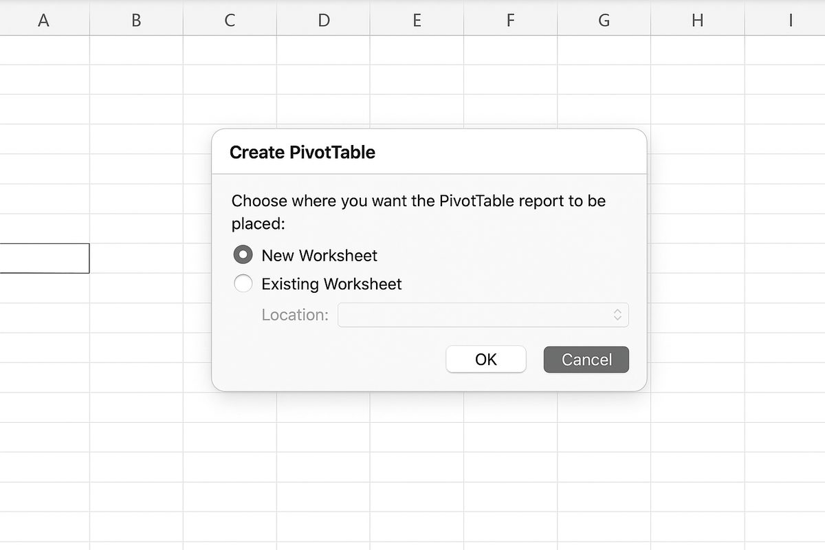 Excel Create PivotTable dialog box open with options to place pivot table in new worksheet or existing worksheet