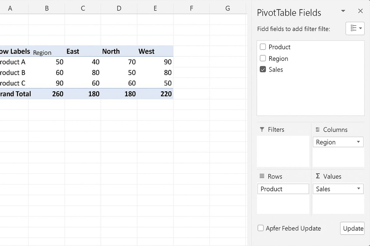 Excel worksheet with PivotTable Fields pane showing Product in Rows, Region in Columns, and Sales in Values