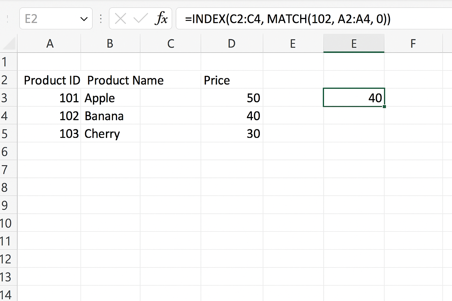 Excel worksheet showing formula using INDEX MATCH to find price for Product ID 102