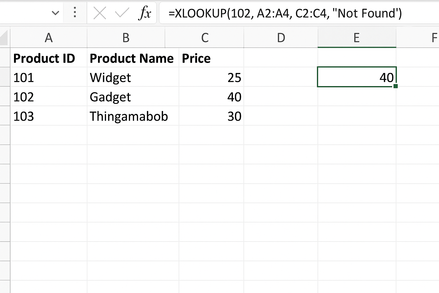 Excel worksheet showing formula using XLOOKUP to find price for Product ID 102