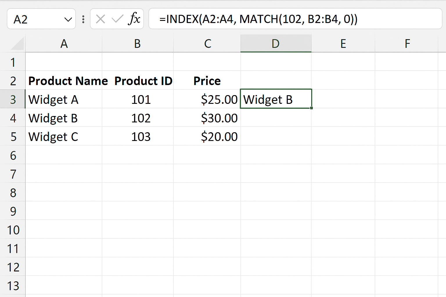 Excel worksheet showing formula using INDEX MATCH to find Product Name for Product ID 102