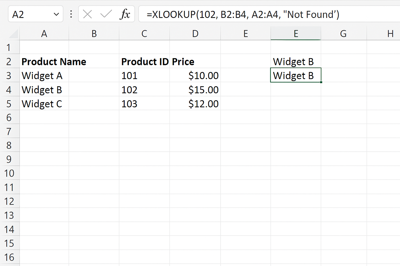 Excel worksheet showing formula using XLOOKUP to find Product Name for Product ID 102