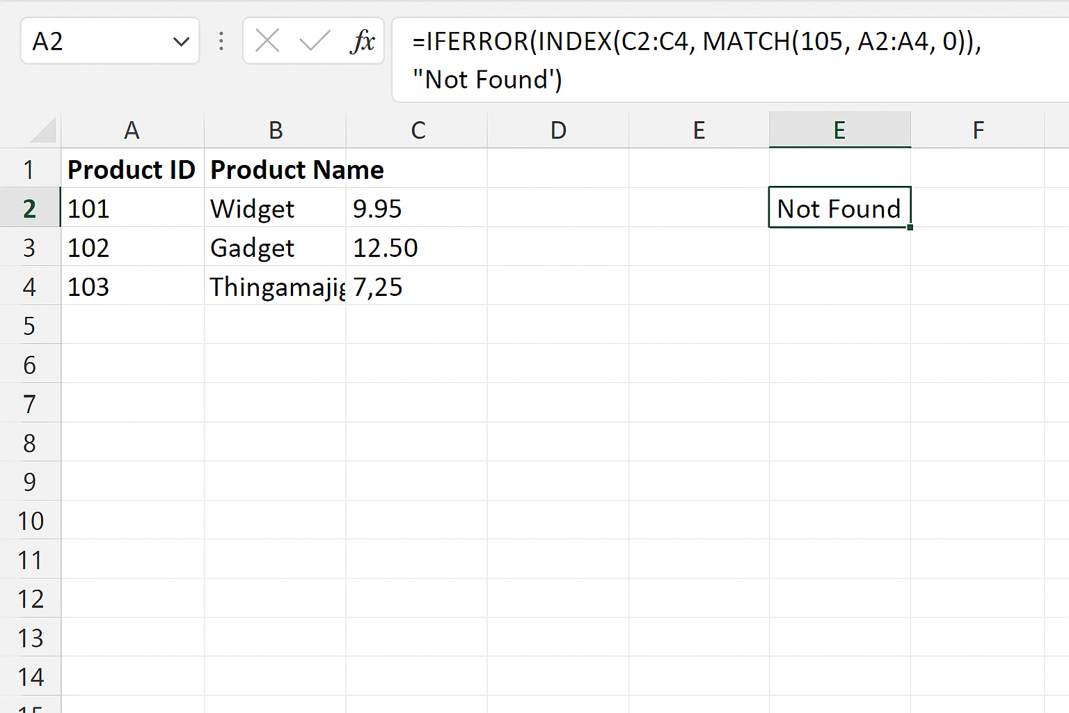 Excel worksheet showing formula using INDEX MATCH with IFERROR to handle not found value for Product ID 105