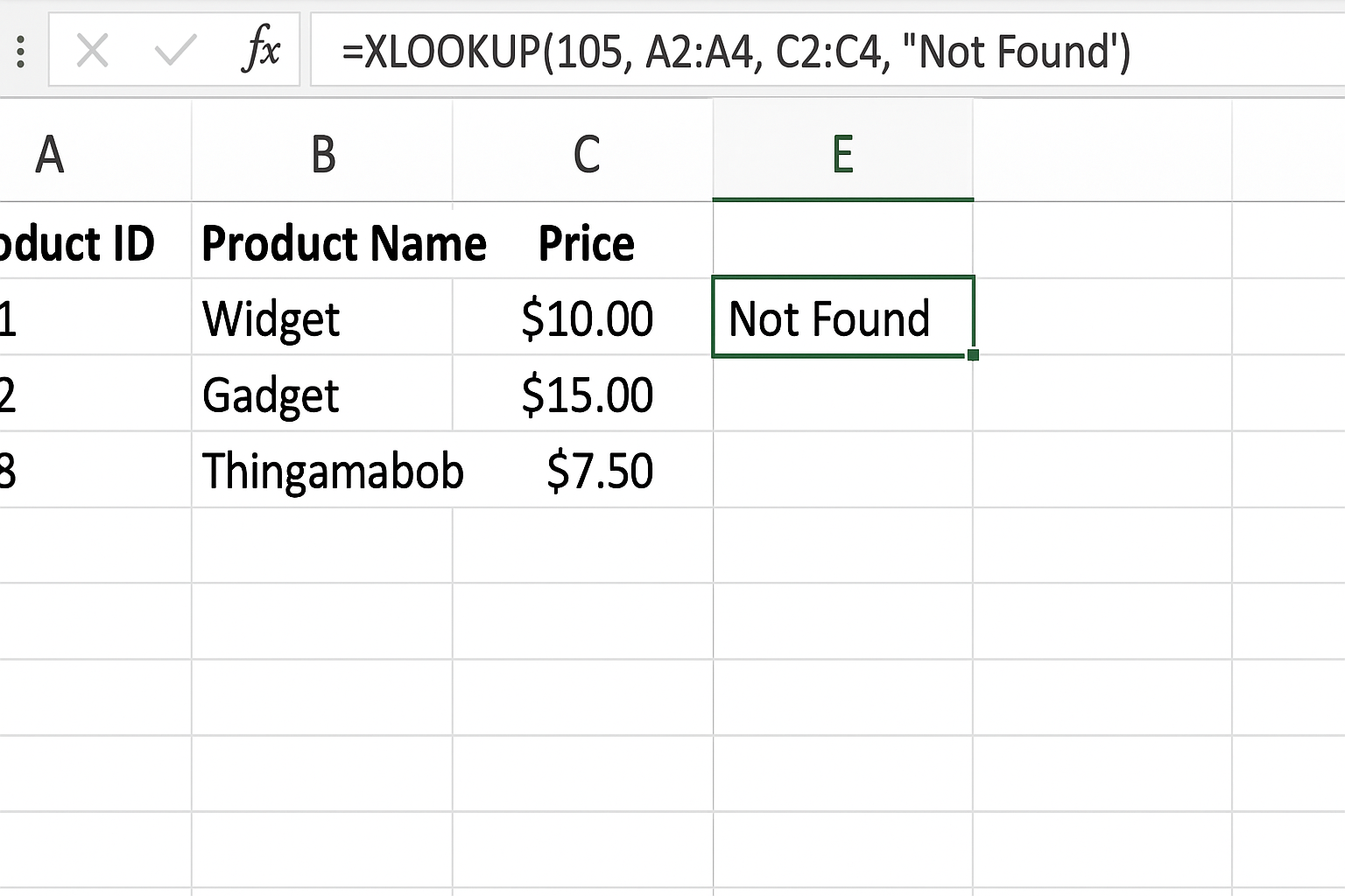 Excel worksheet showing formula using XLOOKUP with built-in error handling for Product ID 105 not found