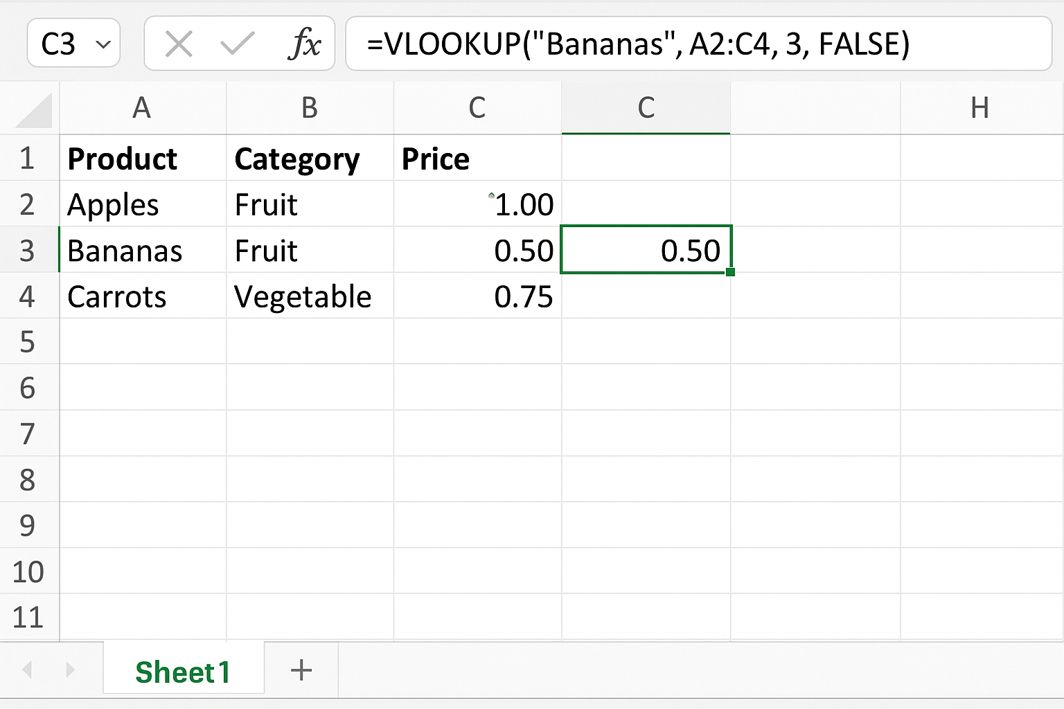 Excel worksheet showing VLOOKUP formula returning price for Bananas