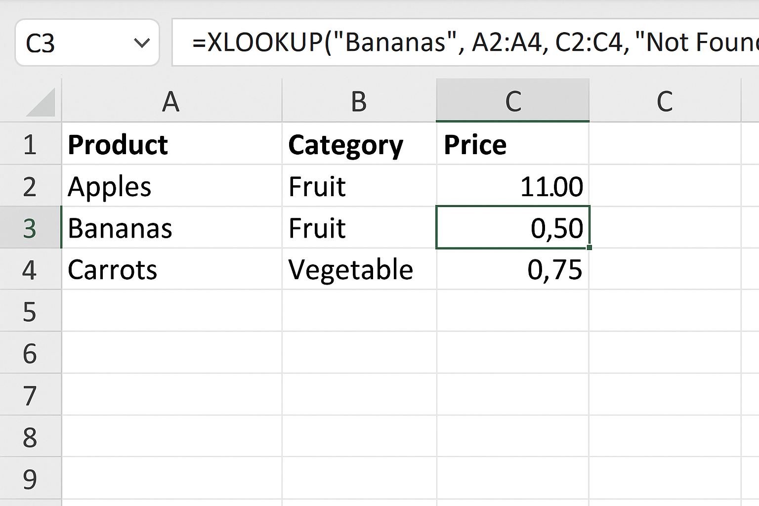 Excel worksheet showing XLOOKUP formula returning price for Bananas