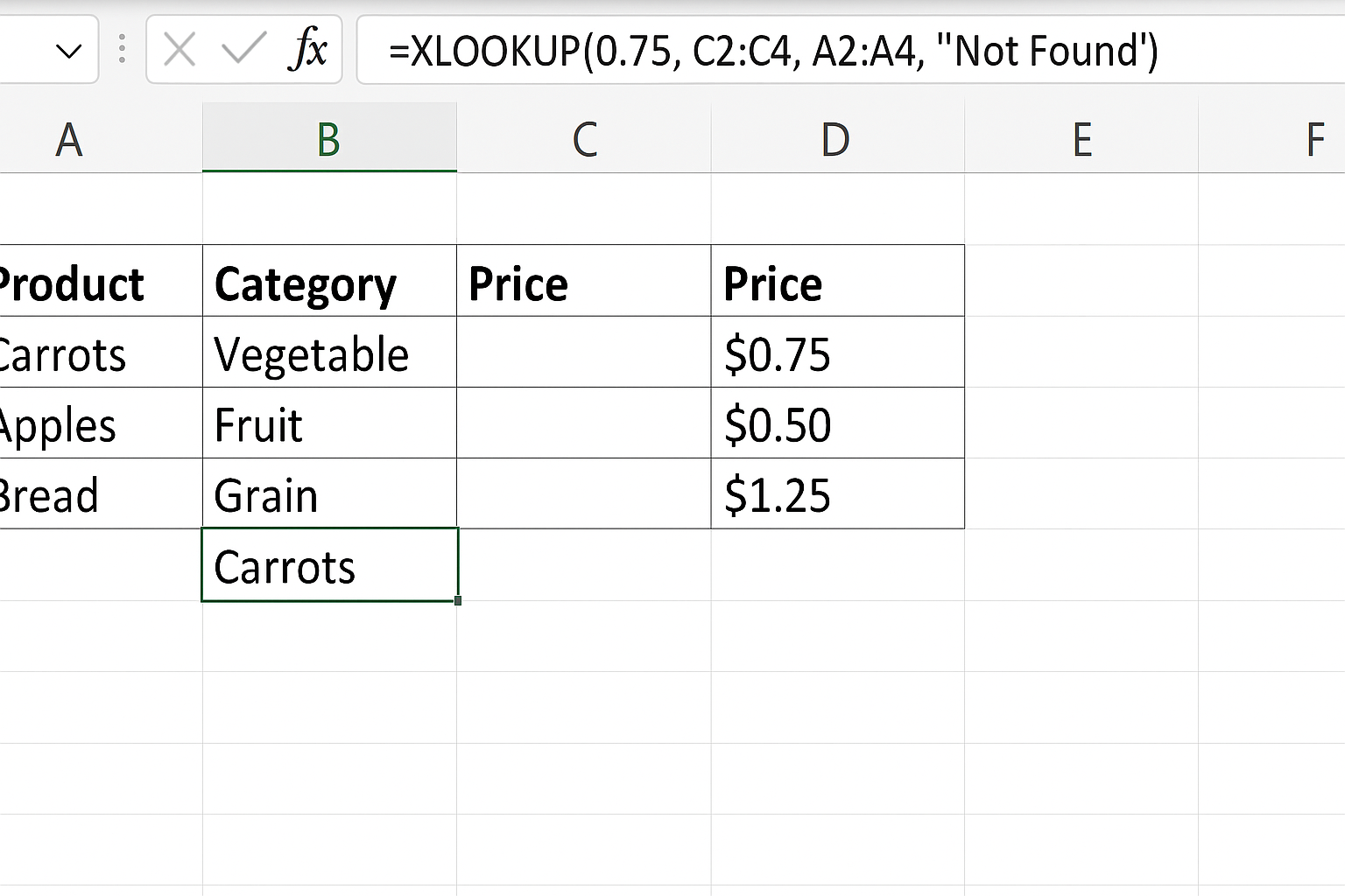 Excel worksheet showing XLOOKUP formula performing right-to-left lookup returning Carrots