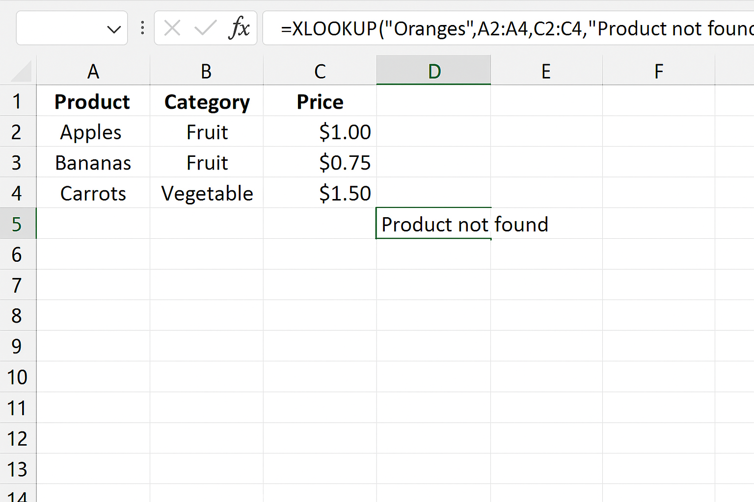 Excel worksheet showing XLOOKUP formula returning user-friendly message for missing value Oranges
